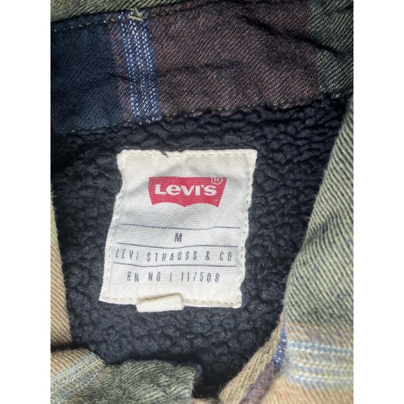 Levi Strauss Sherpa Lined‎ Flannel Shirt/jacket Button Up In Green Men's Sz M - Picture 4 of 7